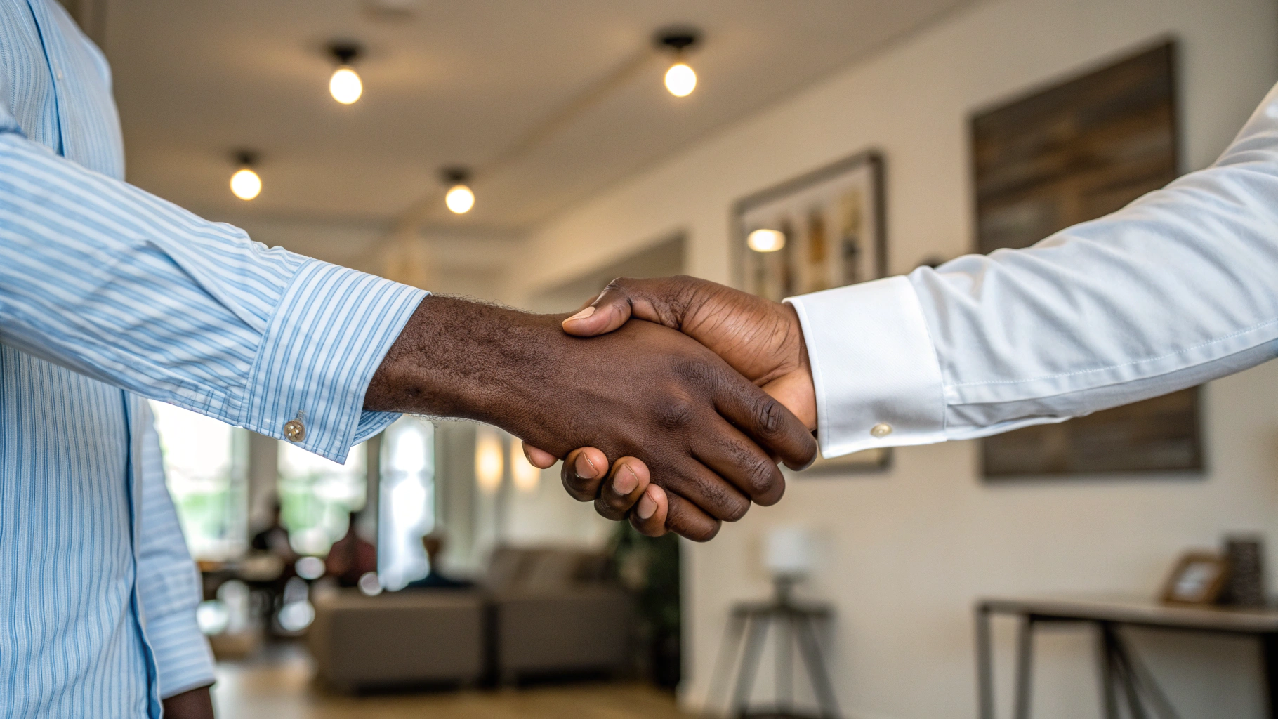  A close-up, medium shot of a handshake between two individuals with dark skin tones. One person wears a long-sleeved, light blue striped dress shirt with the cuff visible, while the other wears a white long-sleeved dress shirt. Their hands are clasp