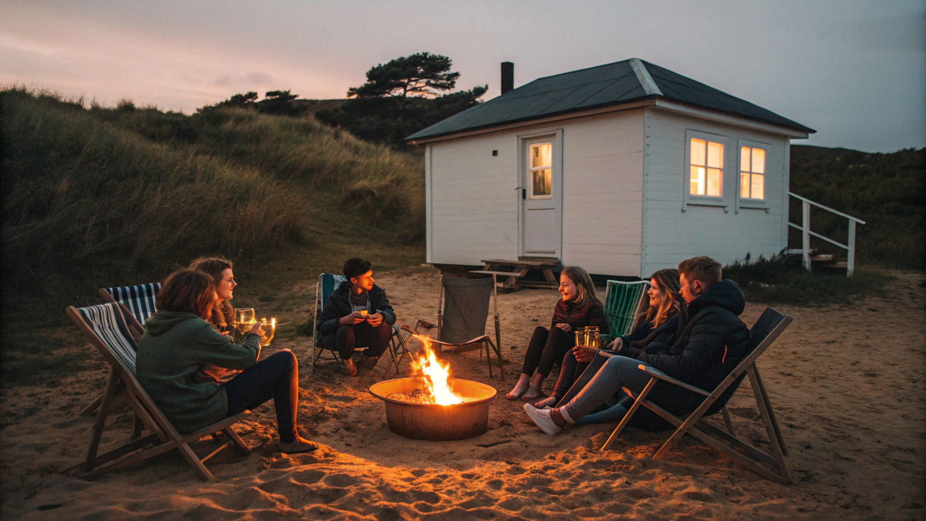  A cozy, atmospheric outdoor photograph of a group of approximately seven young adults gathered around a small, glowing campfire in a rustic setting. They are sitting on sandy or muddy ground, some on foldable canvas chairs (deck chairs), others dire