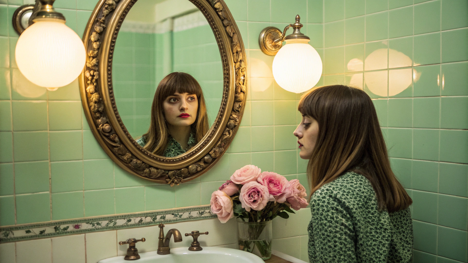  A surreal and intimate indoor portrait of a young woman with a long bob and bangs, seen both in a mirror and from a side angle. The woman looks directly into the camera from her reflection in a vintage-style, ornate gold-framed mirror mounted on a l