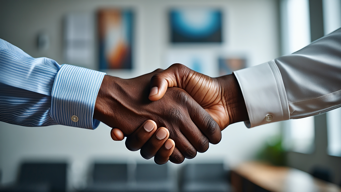  A close-up, medium shot of a handshake between two individuals with dark skin tones. One person wears a long-sleeved, light blue striped dress shirt with the cuff visible, while the other wears a white long-sleeved dress shirt. Their hands are clasp