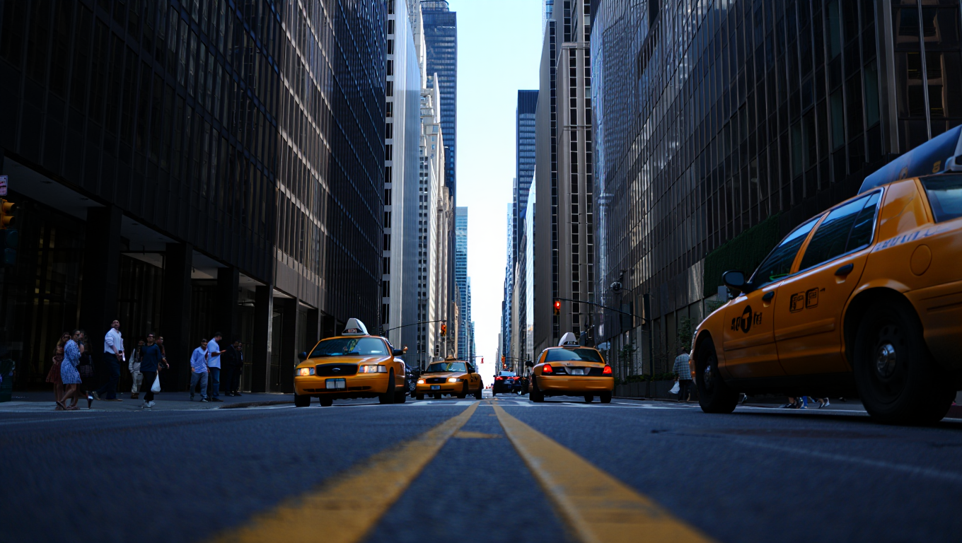  A classic, street-level wide shot looking down a bustling urban street lined with towering skyscrapers. The perspective is centered on the street, which stretches into the distance. Multiple yellow taxi cabs are driving both towards and away from th