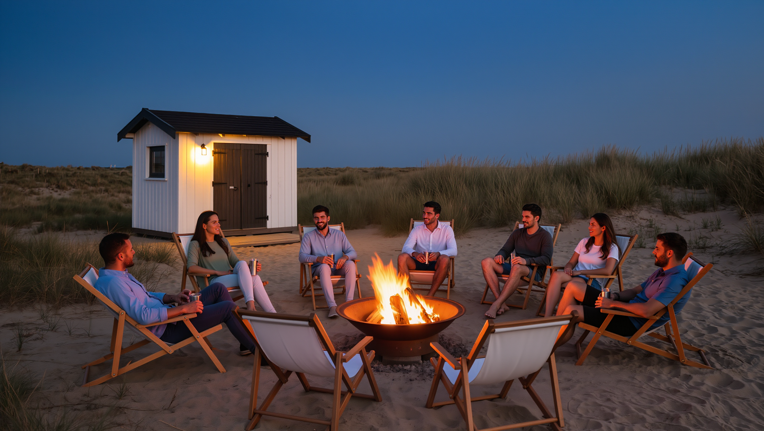  A cozy, atmospheric outdoor photograph of a group of approximately seven young adults gathered around a small, glowing campfire in a rustic setting. They are sitting on sandy or muddy ground, some on foldable canvas chairs (deck chairs), others dire