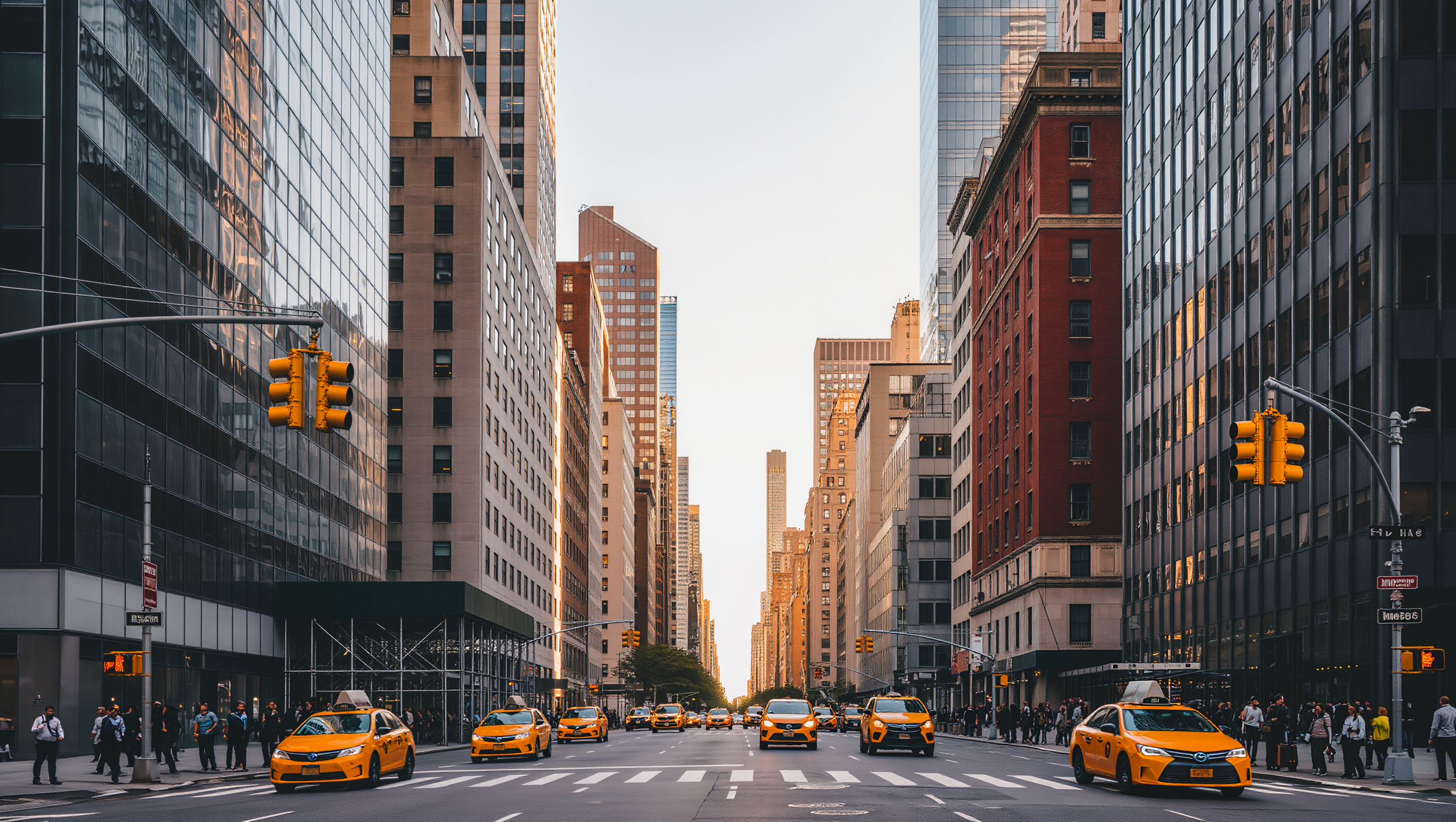  A classic, street-level wide shot looking down a bustling urban street lined with towering skyscrapers. The perspective is centered on the street, which stretches into the distance. Multiple yellow taxi cabs are driving both towards and away from th