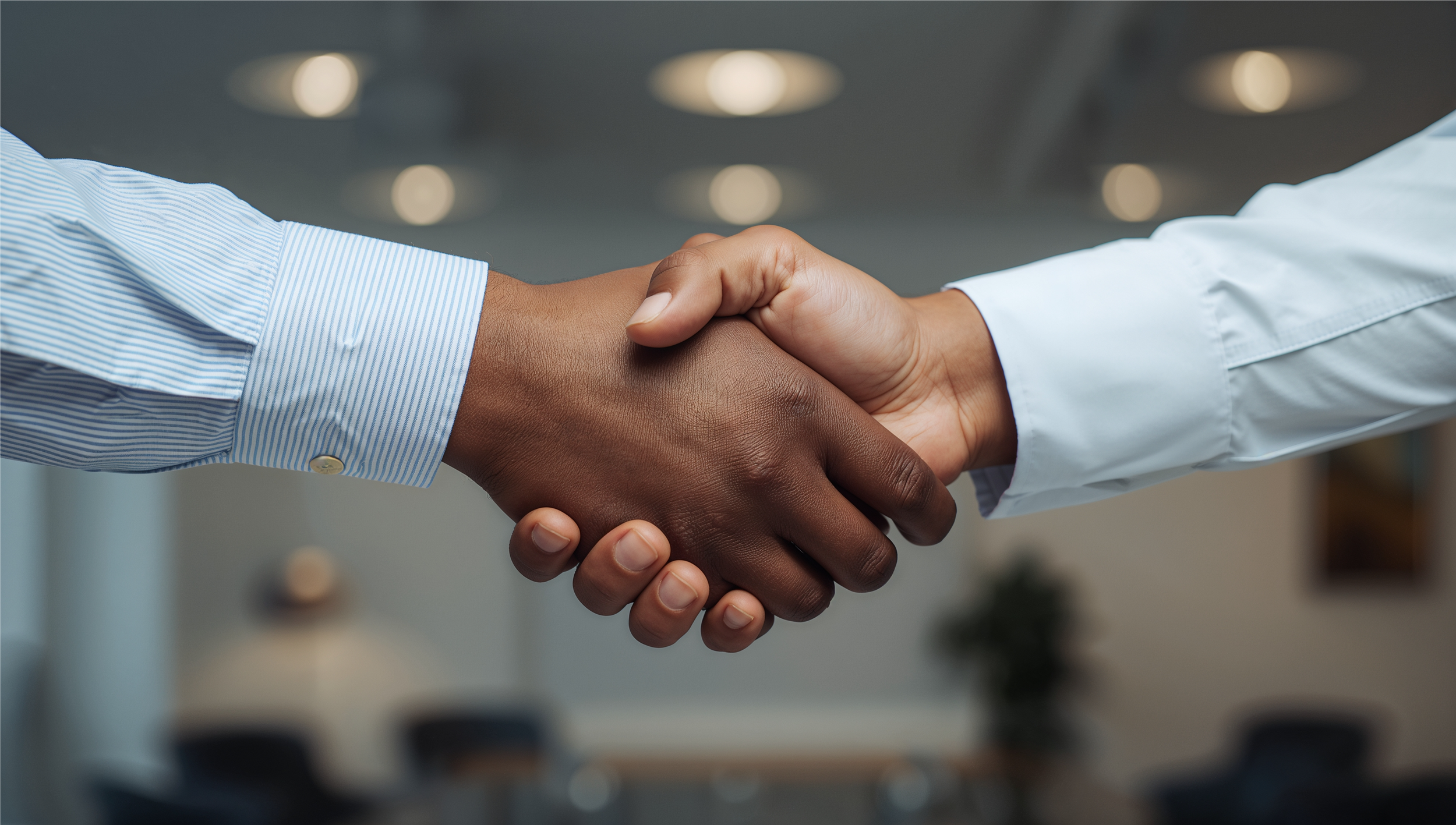  A close-up, medium shot of a handshake between two individuals with dark skin tones. One person wears a long-sleeved, light blue striped dress shirt with the cuff visible, while the other wears a white long-sleeved dress shirt. Their hands are clasp