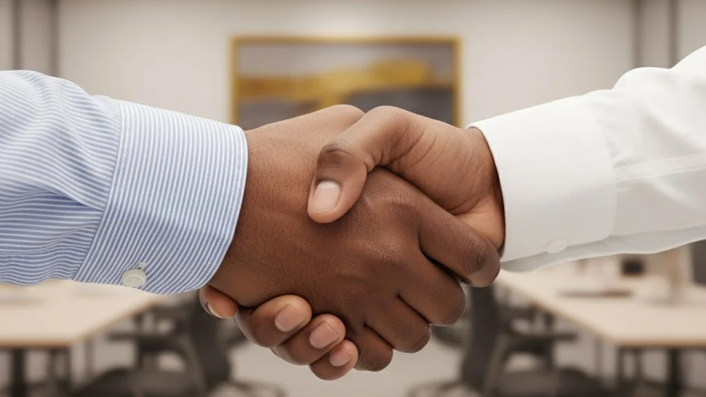  A close-up, medium shot of a handshake between two individuals with dark skin tones. One person wears a long-sleeved, light blue striped dress shirt with the cuff visible, while the other wears a white long-sleeved dress shirt. Their hands are clasp