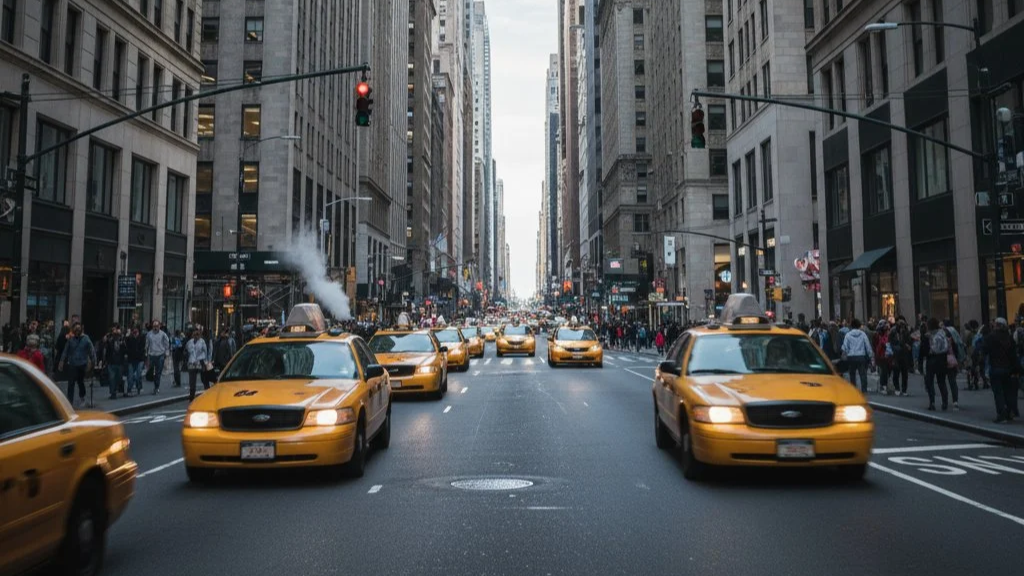  A classic, street-level wide shot looking down a bustling urban street lined with towering skyscrapers. The perspective is centered on the street, which stretches into the distance. Multiple yellow taxi cabs are driving both towards and away from th