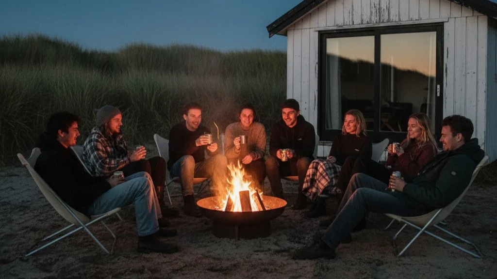  A cozy, atmospheric outdoor photograph of a group of approximately seven young adults gathered around a small, glowing campfire in a rustic setting. They are sitting on sandy or muddy ground, some on foldable canvas chairs (deck chairs), others dire