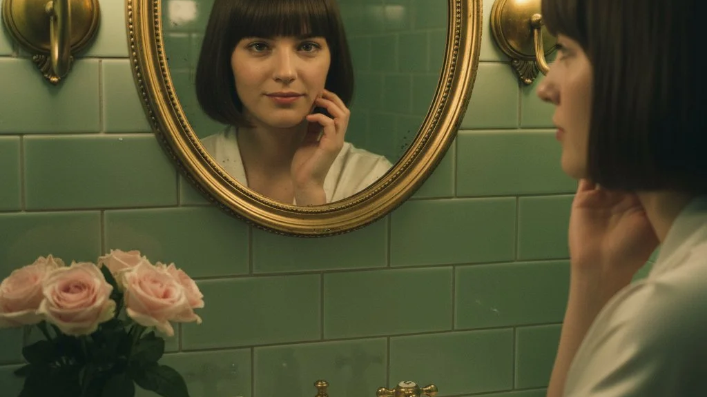  A surreal and intimate indoor portrait of a young woman with a long bob and bangs, seen both in a mirror and from a side angle. The woman looks directly into the camera from her reflection in a vintage-style, ornate gold-framed mirror mounted on a l