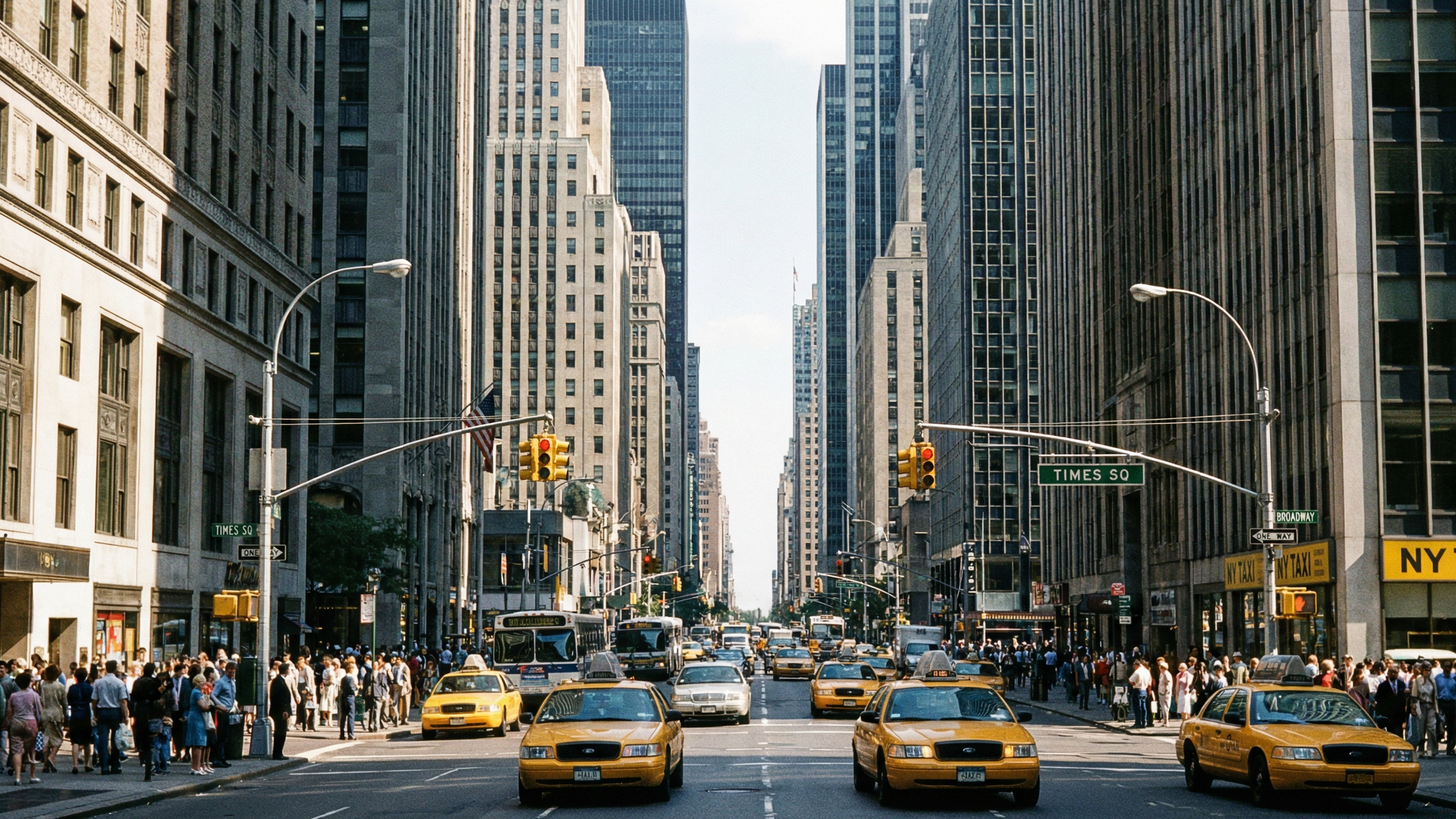  A classic, street-level wide shot looking down a bustling urban street lined with towering skyscrapers. The perspective is centered on the street, which stretches into the distance. Multiple yellow taxi cabs are driving both towards and away from th