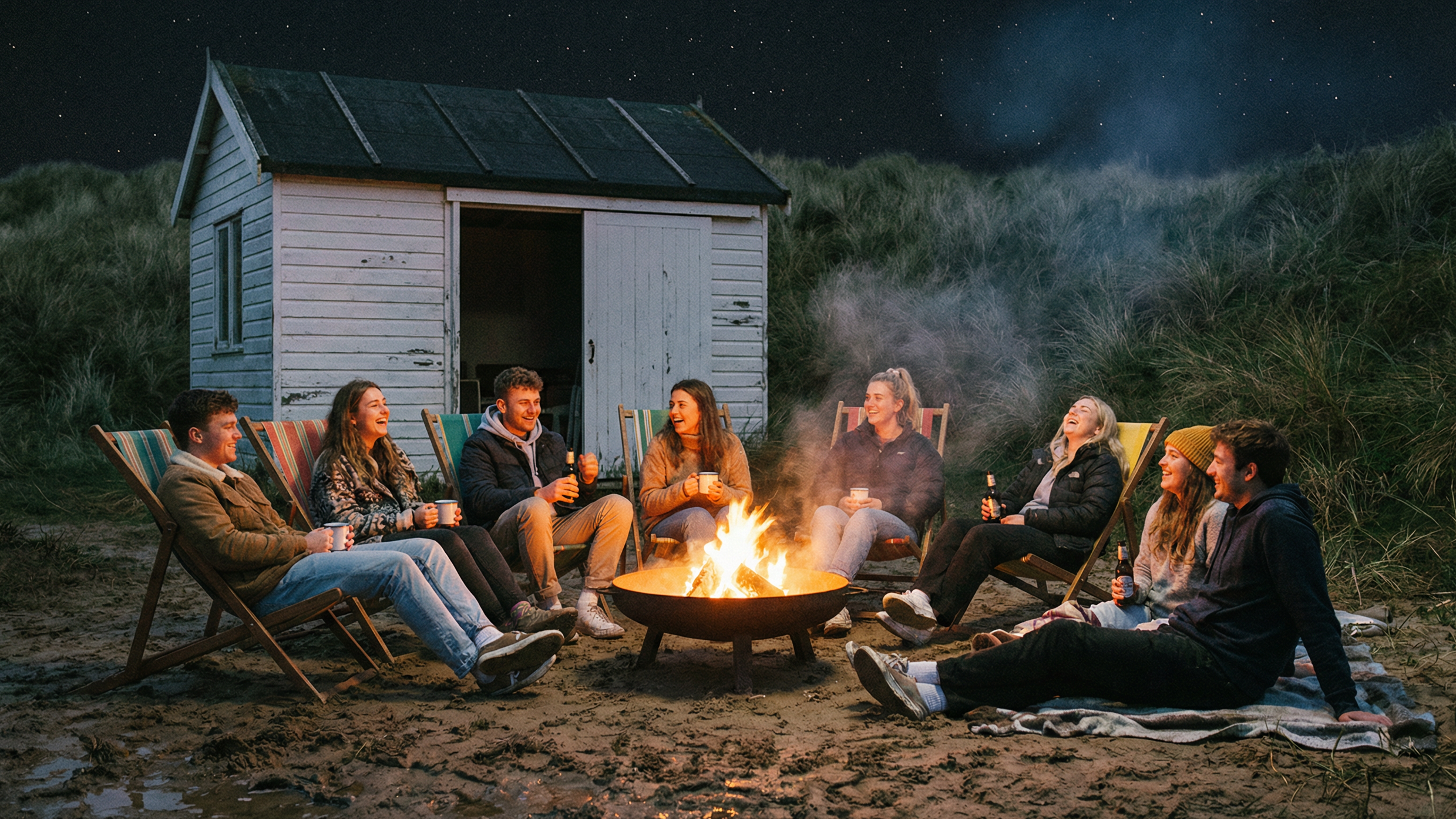  A cozy, atmospheric outdoor photograph of a group of approximately seven young adults gathered around a small, glowing campfire in a rustic setting. They are sitting on sandy or muddy ground, some on foldable canvas chairs (deck chairs), others dire