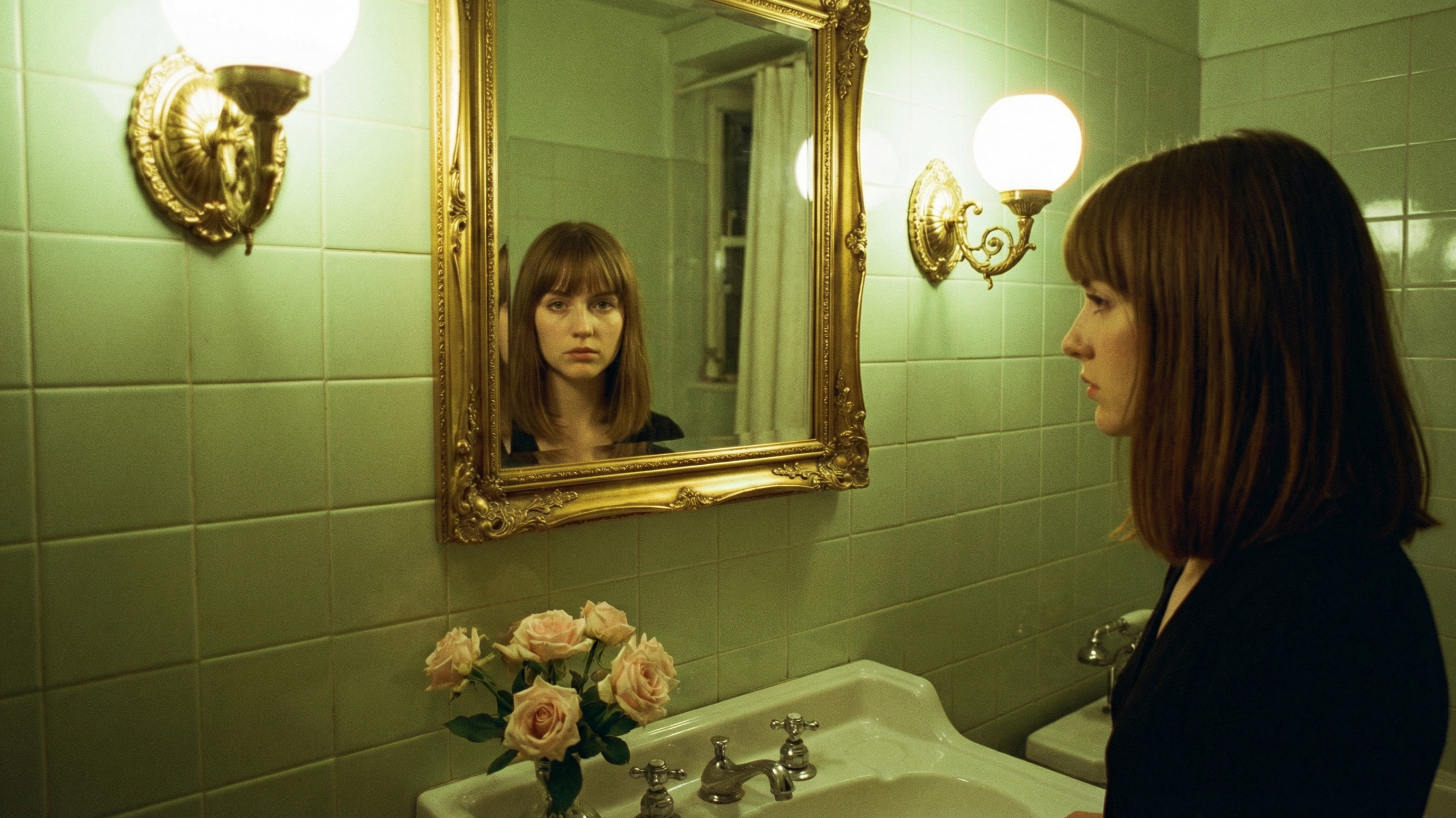  A surreal and intimate indoor portrait of a young woman with a long bob and bangs, seen both in a mirror and from a side angle. The woman looks directly into the camera from her reflection in a vintage-style, ornate gold-framed mirror mounted on a l