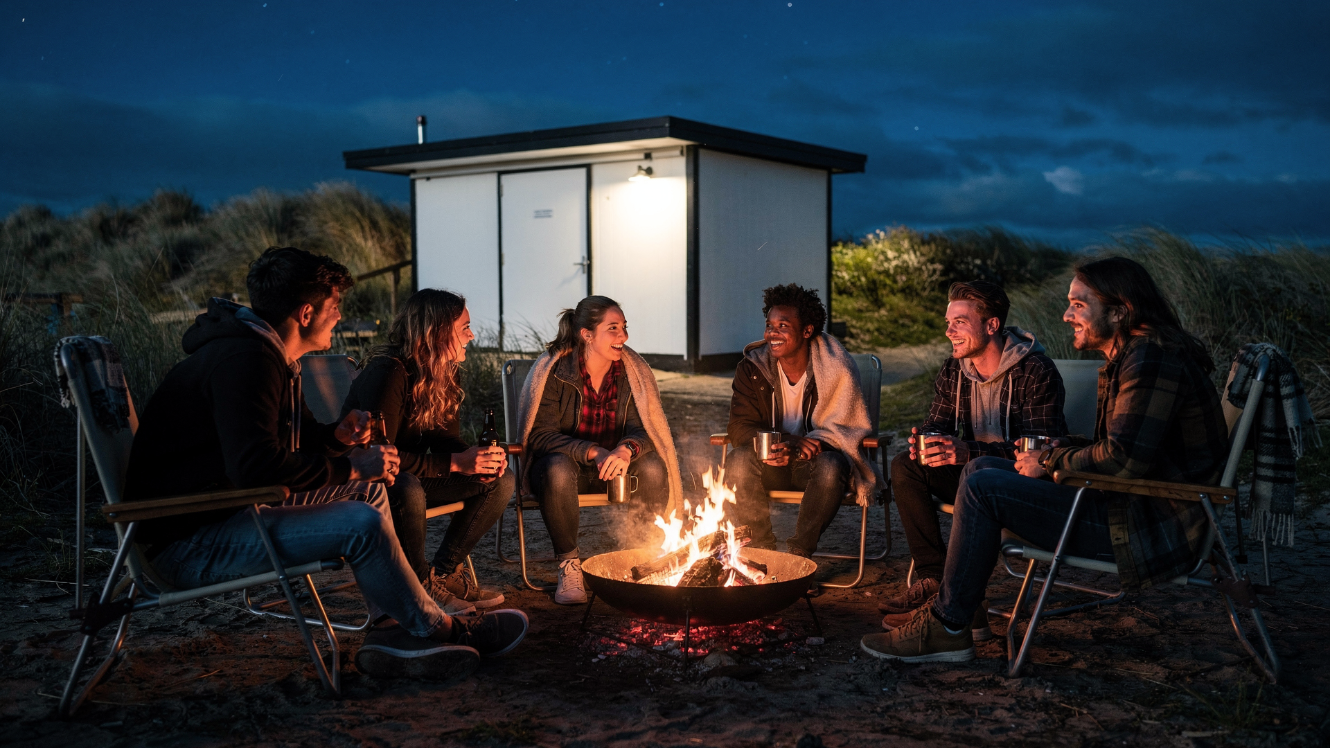  A cozy, atmospheric outdoor photograph of a group of approximately seven young adults gathered around a small, glowing campfire in a rustic setting. They are sitting on sandy or muddy ground, some on foldable canvas chairs (deck chairs), others dire