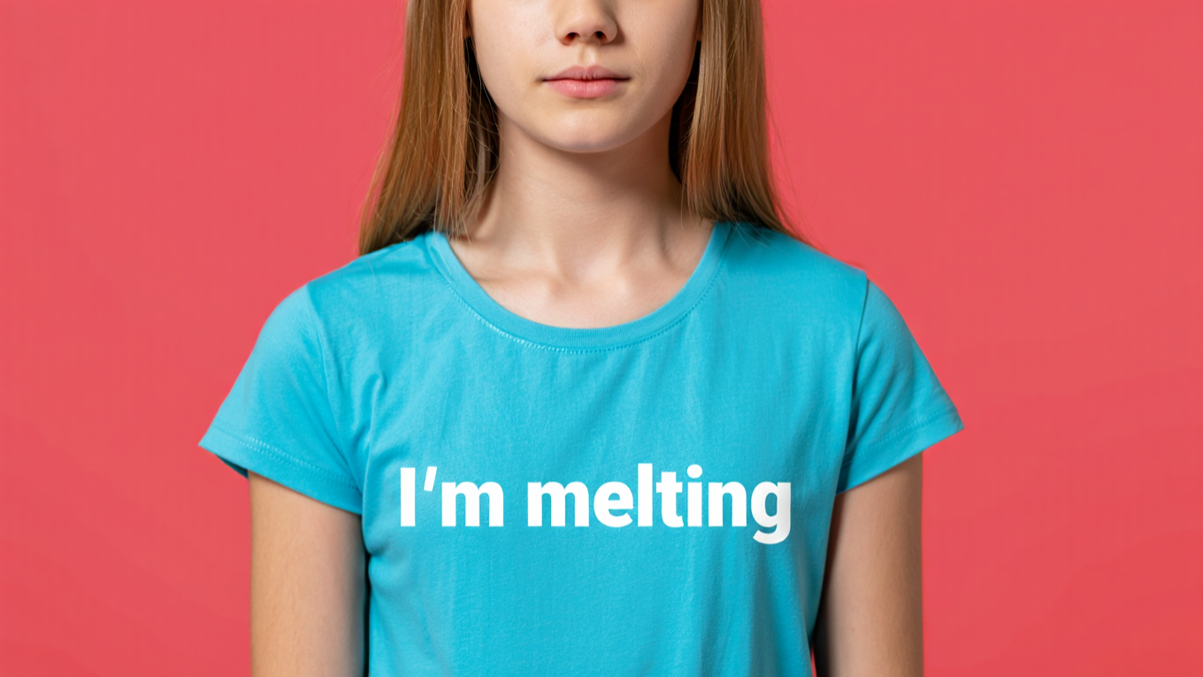  A high-resolution, photorealistic studio portrait, captured with a shallow depth of field, focusing sharply on the upper torso and head of a young person. The subject is wearing a perfectly fitted, crew-neck, short-sleeved t-shirt in a vibrant, slig