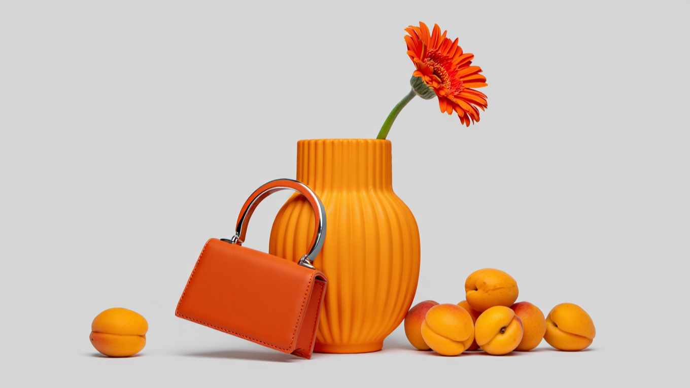 A stylized and minimalist still-life photograph featuring objects in a consistent, warm orange color palette. The composition is set against a clean, plain light gray background. In the center, a ribbed orange vase holds a single, vibrant orange ger