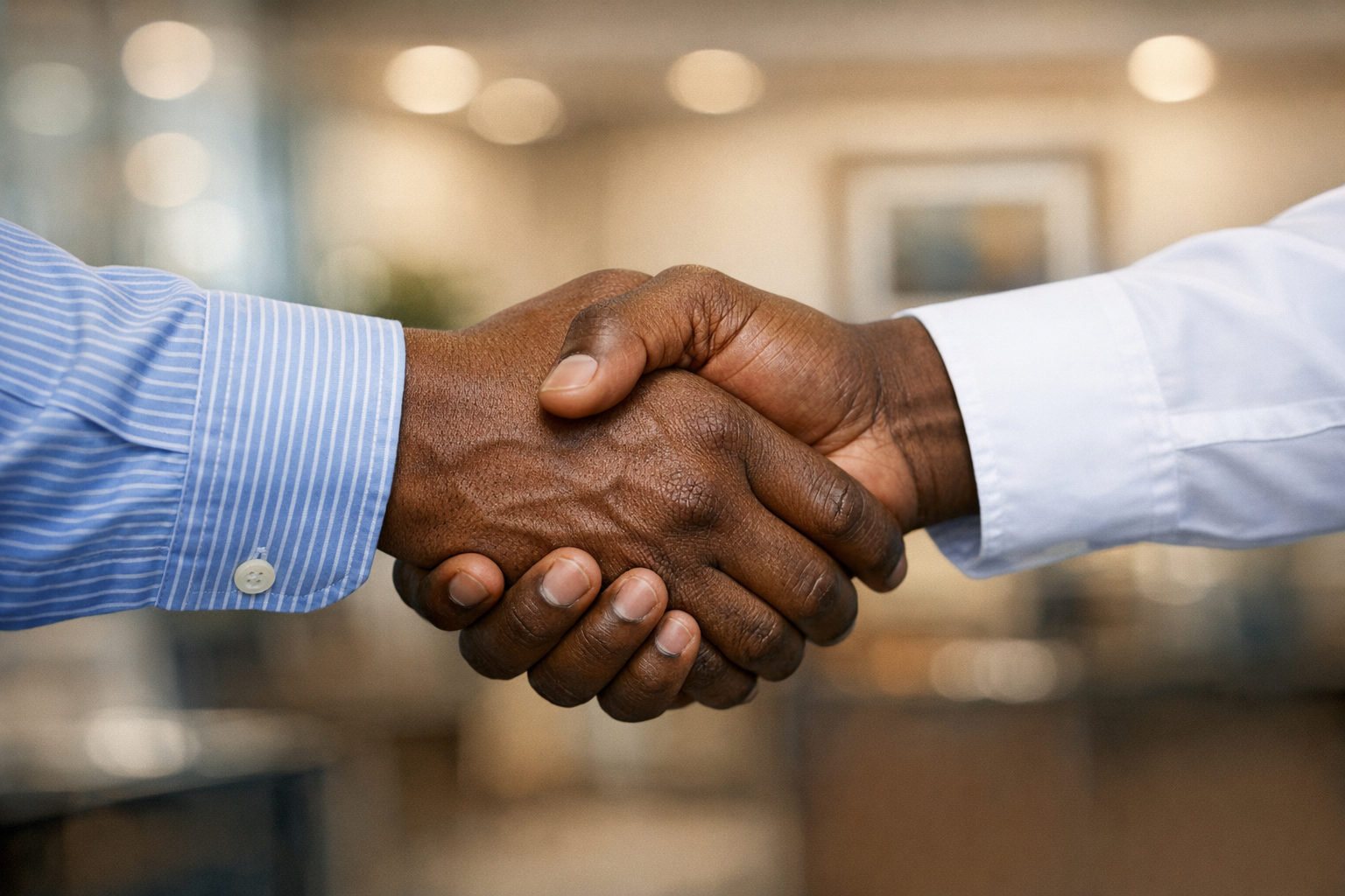  A close-up, medium shot of a handshake between two individuals with dark skin tones. One person wears a long-sleeved, light blue striped dress shirt with the cuff visible, while the other wears a white long-sleeved dress shirt. Their hands are clasp
