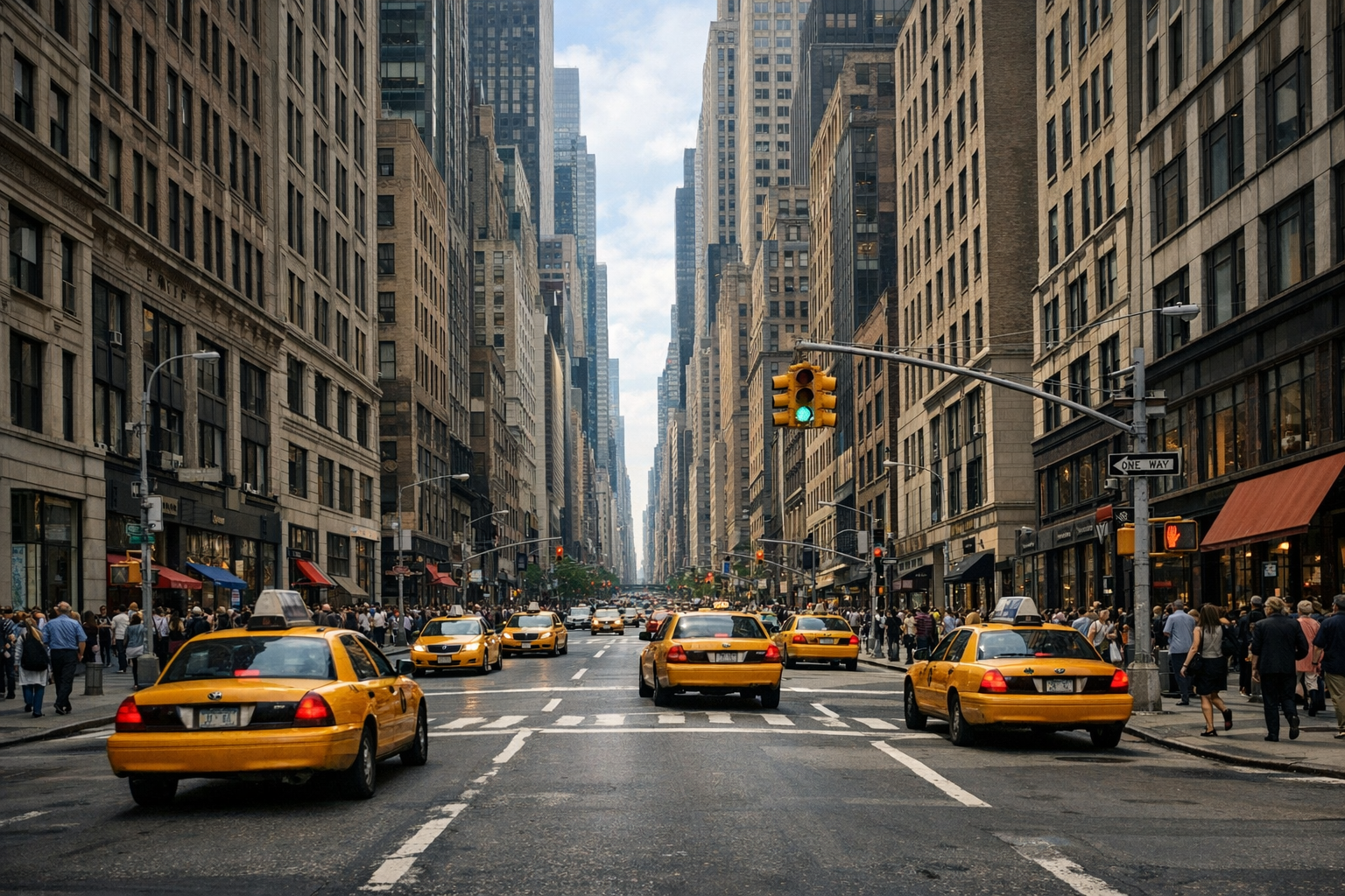  A classic, street-level wide shot looking down a bustling urban street lined with towering skyscrapers. The perspective is centered on the street, which stretches into the distance. Multiple yellow taxi cabs are driving both towards and away from th
