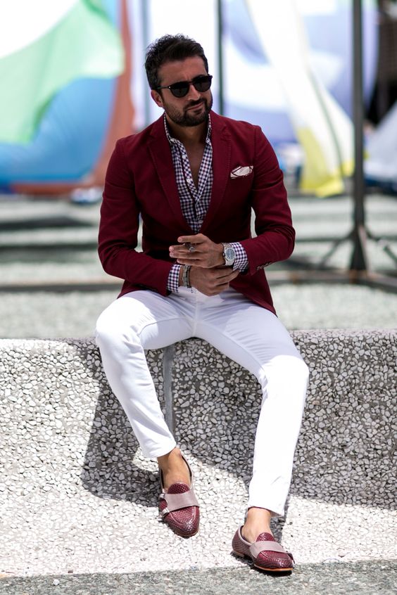 white jeans and suit jacket