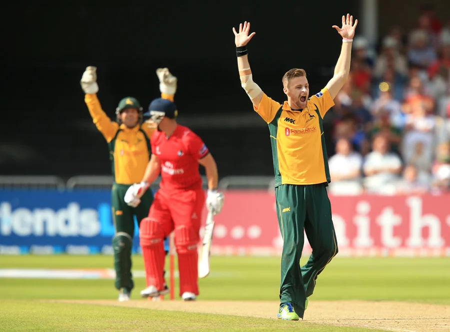 Graeme White celebrates having Steven Croft lbw, Nottinghamshire v Lancashire, FLt20 North Group, Trent Bridge, July 28, 2013©PA Photos