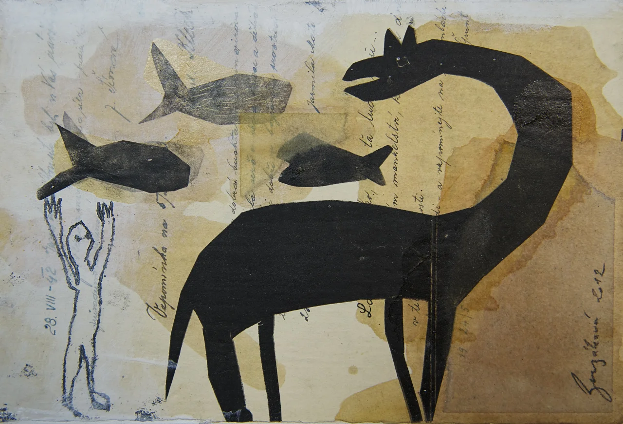 Fische und Urtier, Mischtechnik auf Papier, 35x22 cm, 2016