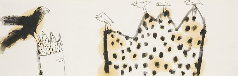 Crows of Bangalore, Graphit und Leinöl auf Papier, 50x18 cm, 2005