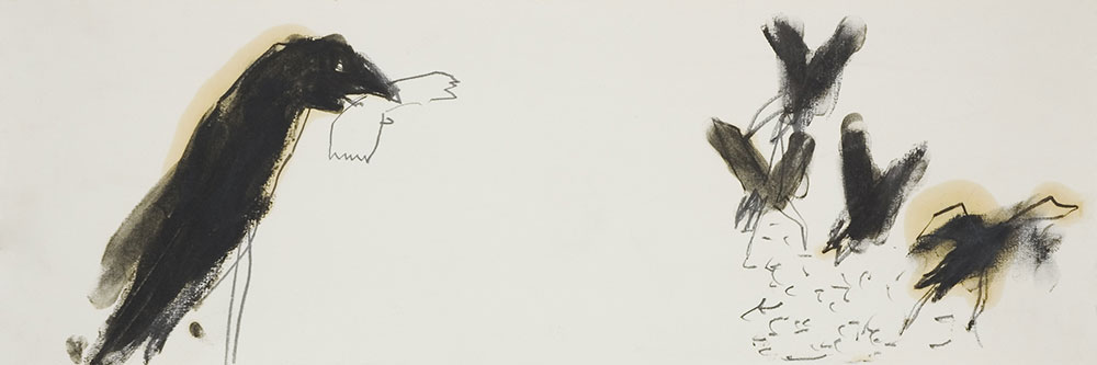 Crows of Bangalore, Graphit und Leinöl auf Papier, 50x18 cm, 2005