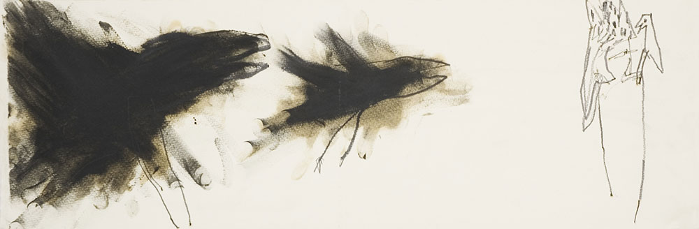 Crows of Bangalore, Graphit und Leinöl auf Papier, 50x18 cm, 2005