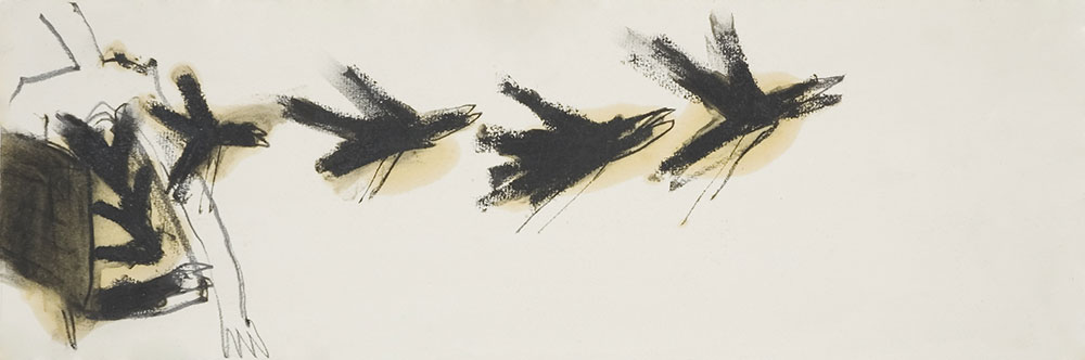 Crows of Bangalore, Graphit und Leinöl auf Papier, 50x18 cm, 2005