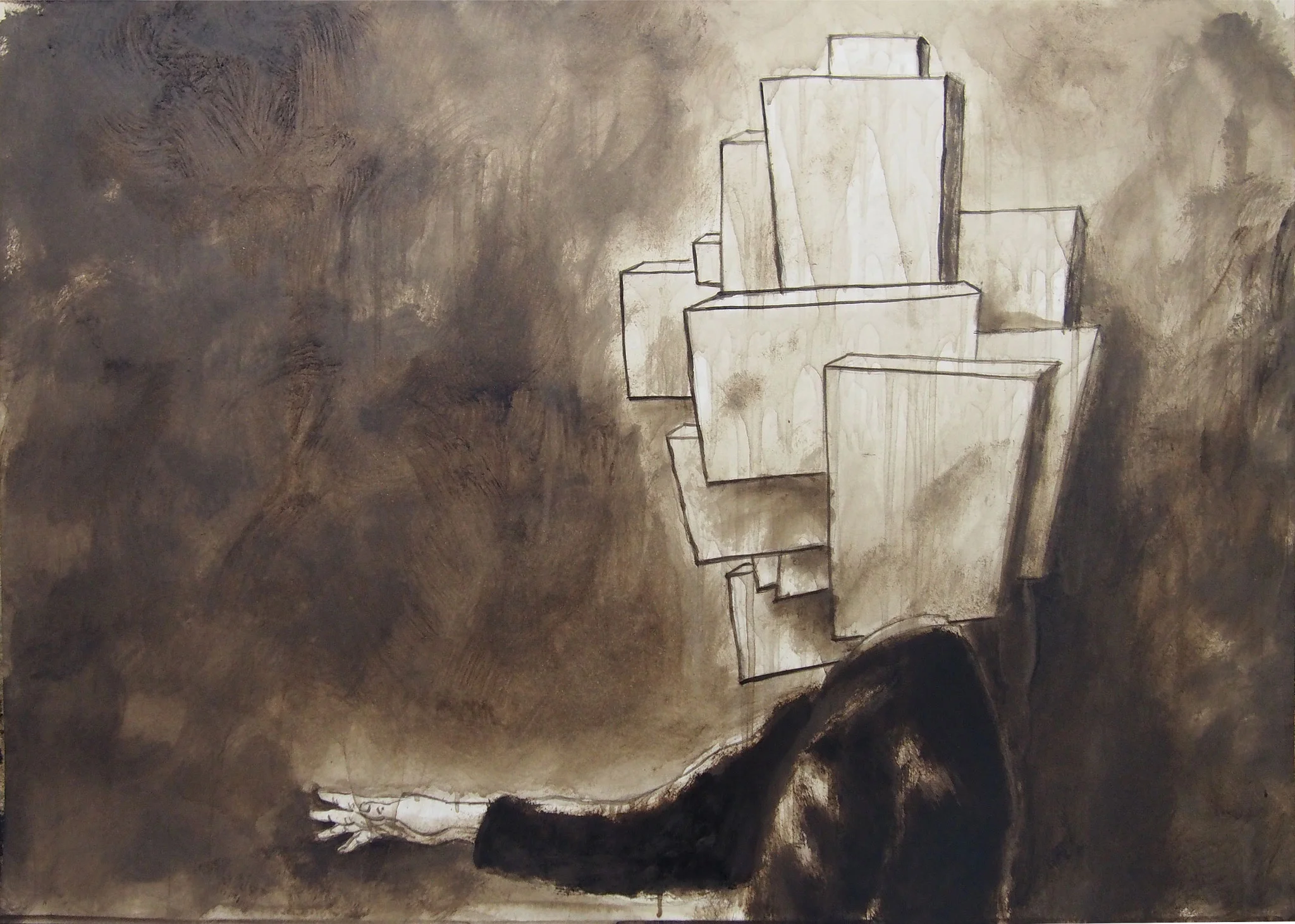 ’Buildinghead’, bitume su carta, cm 50 x 70, 2014