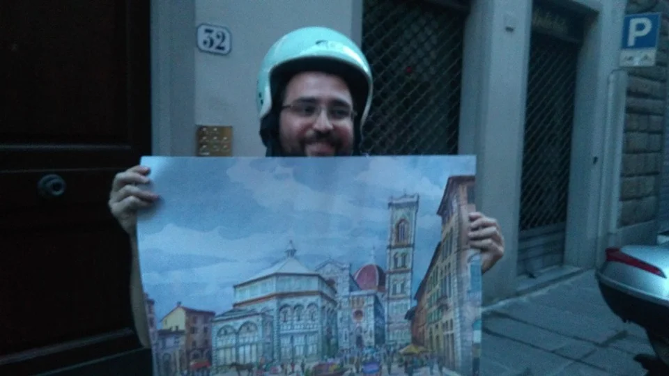 Ferruccio Mazzanti con l'immagine-simbolo di Topoi fiorentini