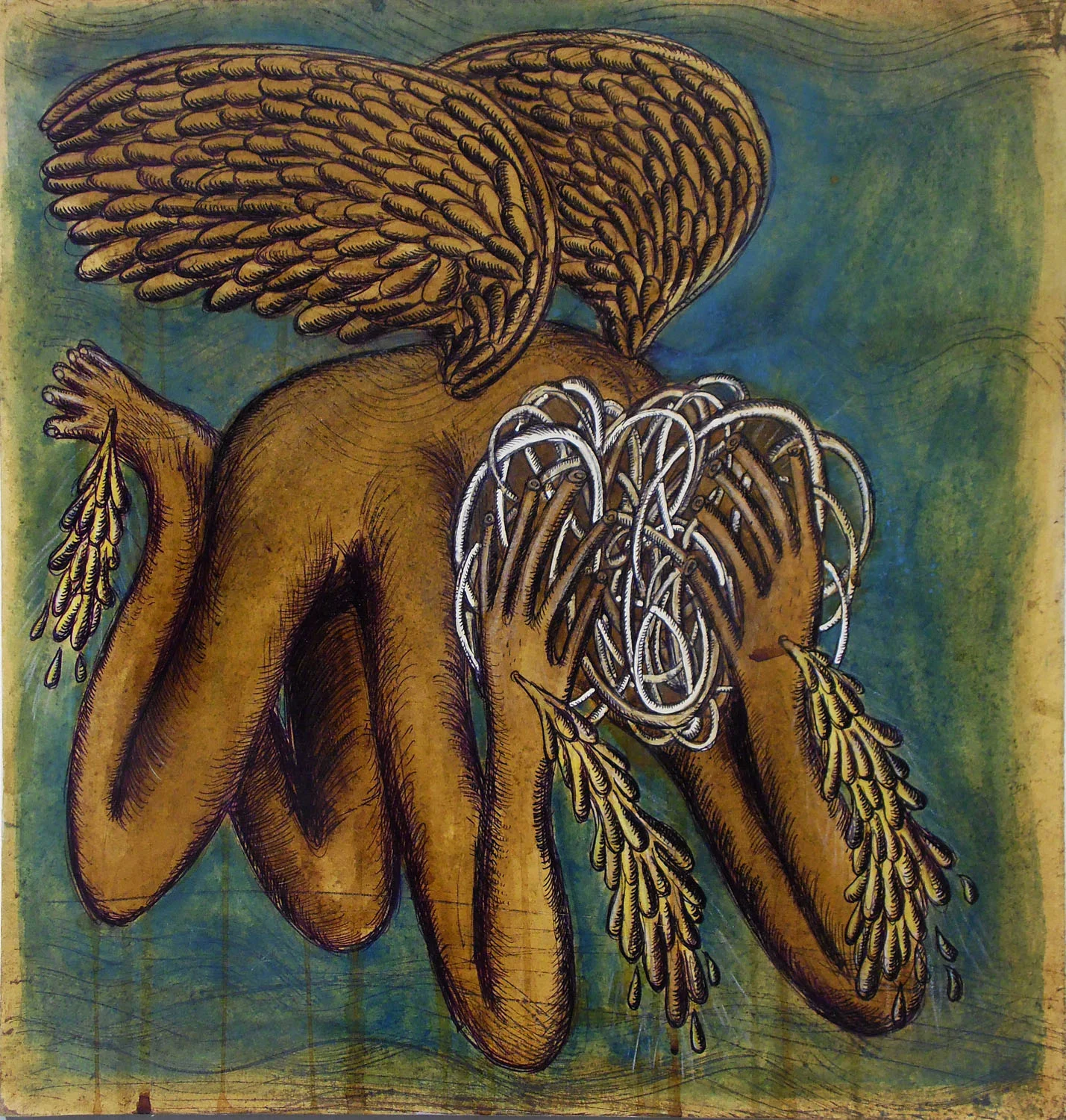 ‘L’Angelico Beato’, penna biro, matita, caffè, bitume, verderame e correttore su carta su cartone su tavola, cm 36x38, 2016.
