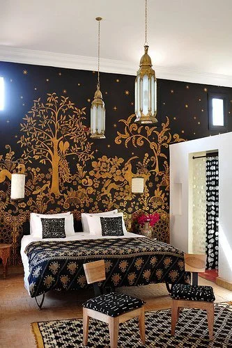 Full Black and Gold Room Peacock Peacock Pavilions | EAT.PRAY.MOVE Yoga Retreat | Marrakesh, Morocco
