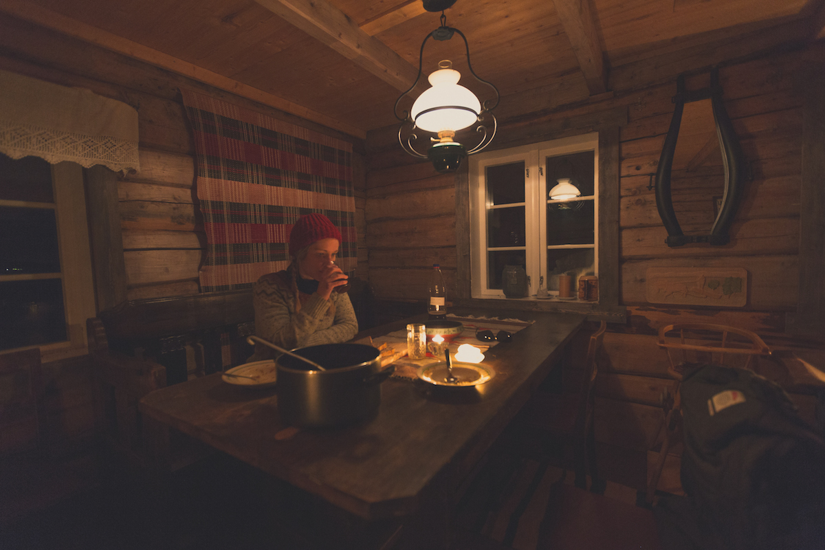 Drinking delicious homemade mjød after a dinner of reindeer stew. (shot on timer)