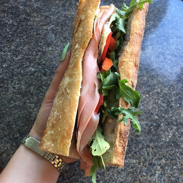 Hibiscus Dinners lunch: sandwich with Handwerk sourdough bread, mortadella and Italian gorgonzola, parsley pesto