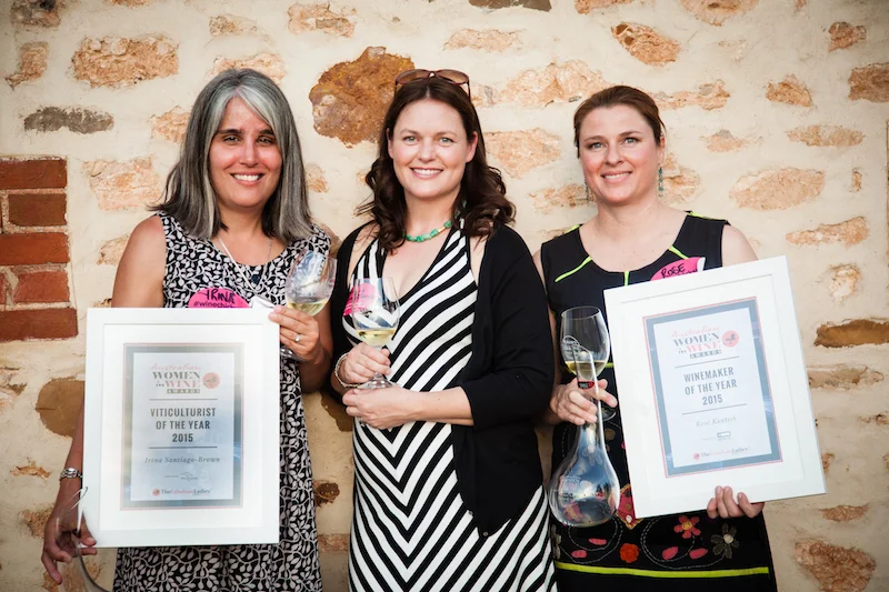Australian Women in Wine Awards 2015. (left) Viticulturist winner Irina Santiago-Brow, (centre) owner/operator finalist Briony Hoare, (right) Winemaker winner Rose Kentish. 