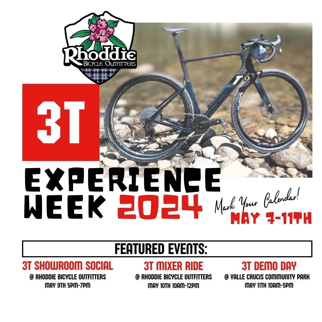 May 7-11, join us for 3T Experience Week! Starting Tuesday, May 7th, you can browse the 2024 3T Bike line up in the shop. Representatives of 3T North America and Rhoddie Bicycle Outfitters will be on hand to set up a 3T Bike for you. Call to reserve 