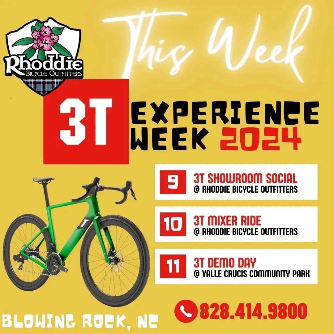 It's 3T Experience Week!

Starting this Tuesday, May 7th, you can browse the 2024 3T Bike line up in the shop. Representatives of 3T North America and Rhoddie Bicycle Outfitters will be on hand to set up a 3T Bike for you. Call to reserve a test ride