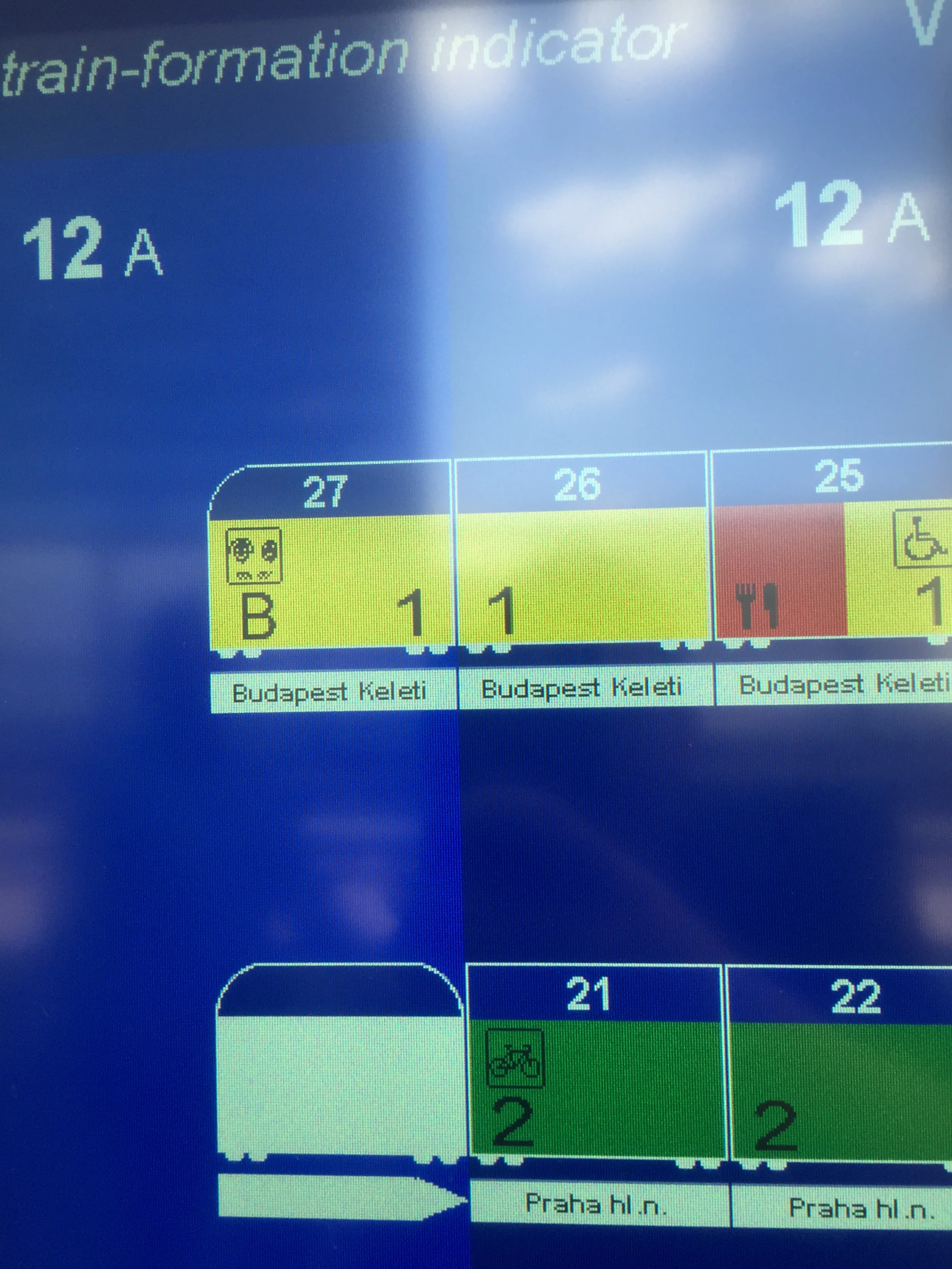 So, this is a diagram of RJ 65 on platform 12. The platform is divided into 3 sections, A,B, and C. This diagram shows that second class passengers report to 12 B & C (not shown) because part A of platform 12 will be used for boarding 1st class only. 1st class has a 1 on the car and is colored yellow. 2nd class would be green with the number 2. The car number is listed above the color. B is for Businessclass, which is a grade higher than 1st. 