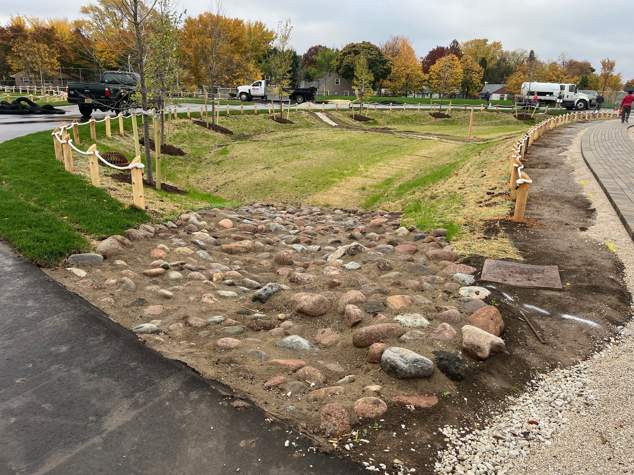 Recently installed bioswale at a redeveloped schoolyard