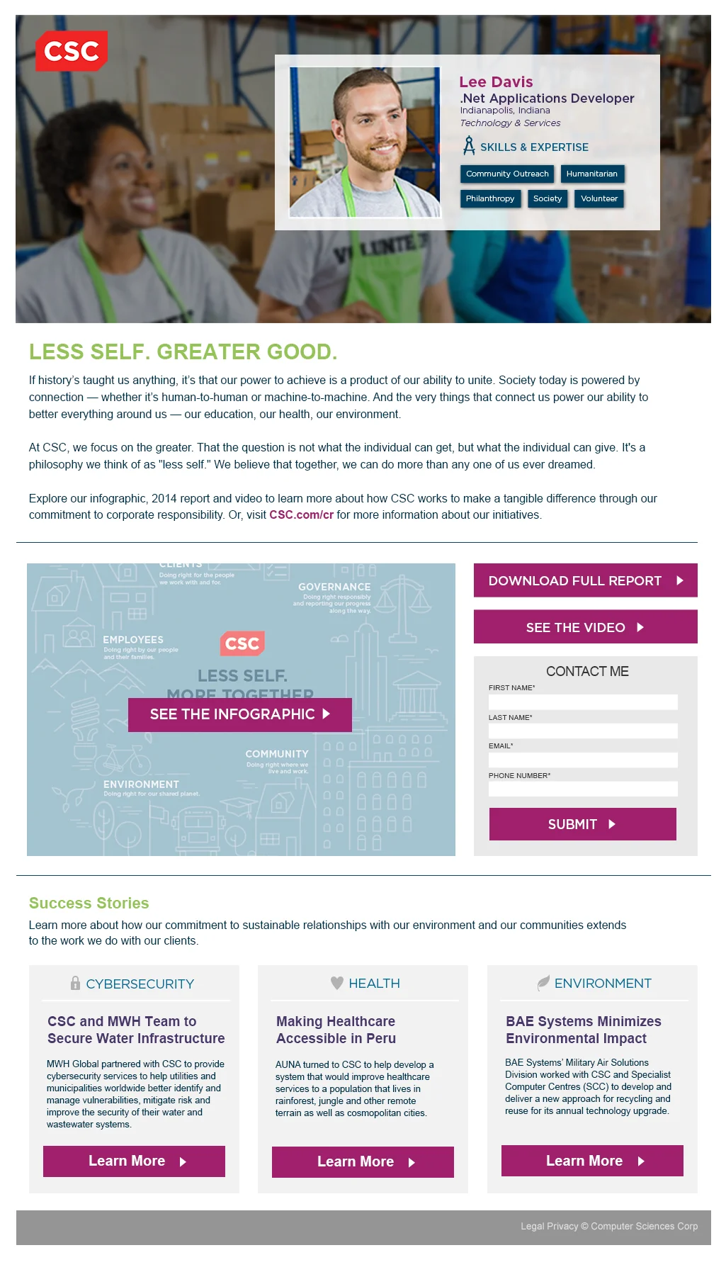 An initial landing page/microsite design comp as presented by Faction to CSC.