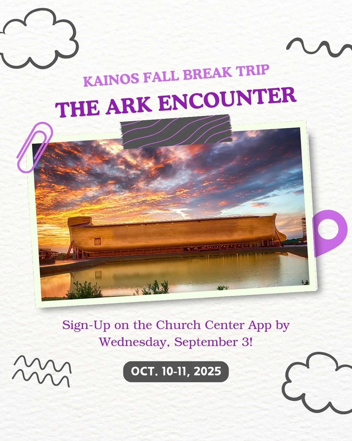 Join us for a fun and faith-building adventure as Kainos takes a group trip to The Creation Museum &amp; The Ark Encounter in Kentucky!

Dates: October 10th&ndash;11th
Location: Creation Museum in Petersburg, KY, and Ark Encounter in Williamstown, KY