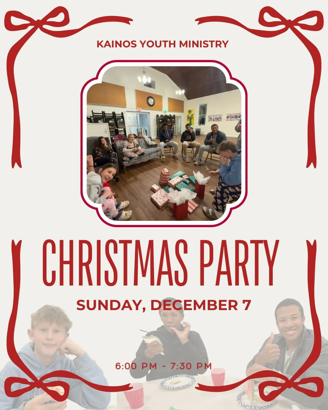 Calling all 7th through 12th graders!! We will be having a Kainos Youth Ministry Christmas Party THIS SUNDAY night from 6-7:30 PM. 

Come ready to play games, decorate cookies, and enjoy time in community. We have missed being together, and we can&rs
