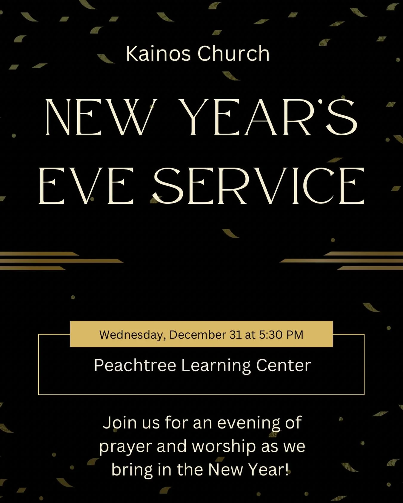 What better way to ring in the New Year than with prayer and worship?! Join us at Peachtree on Dec. 31 at 5:30 PM for a New Year&rsquo;s Eve Service! 🎉🪩🔔