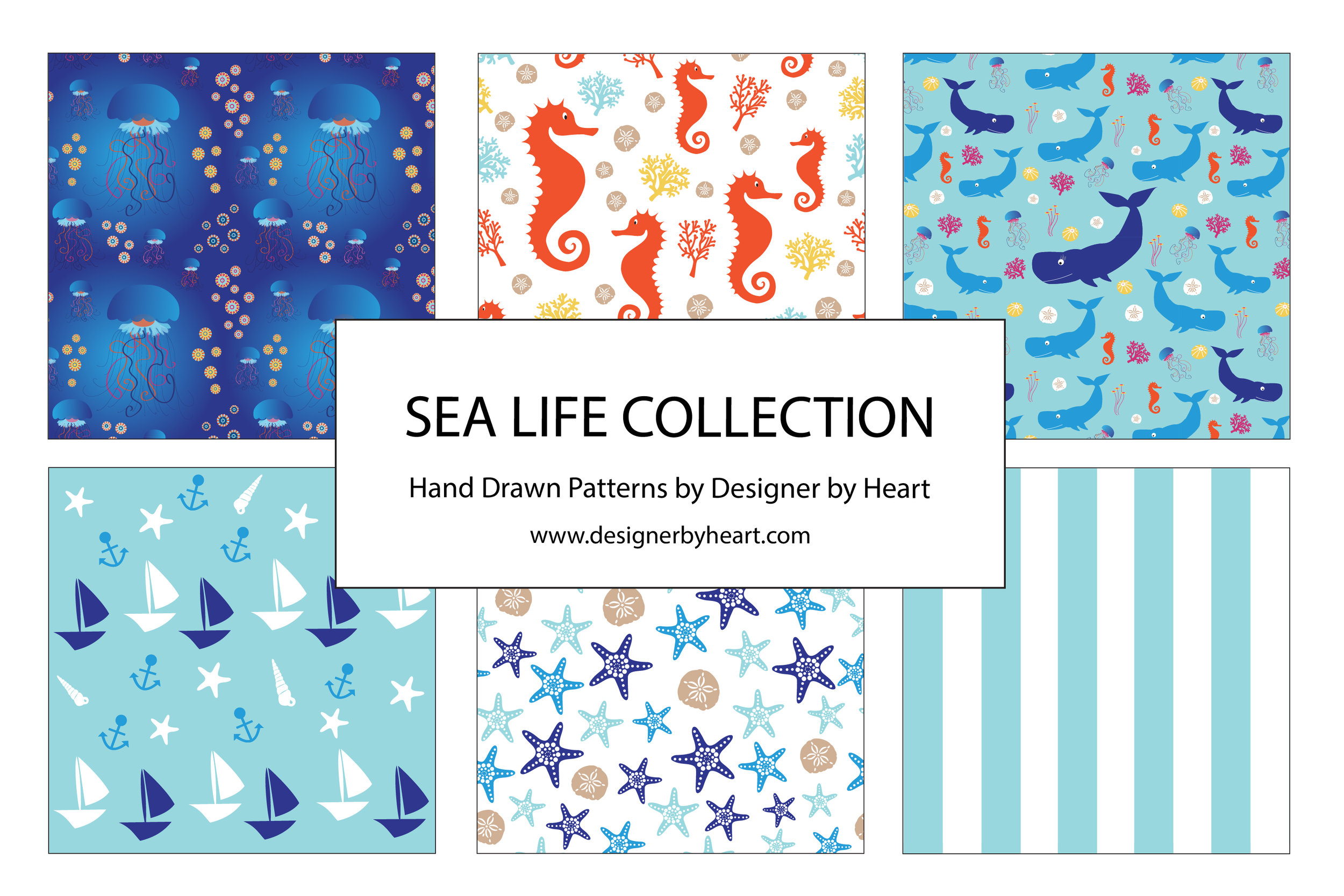 Boy Sea Life Collection with jellyfish, seahorses, whales, boats, starfish, and stripes