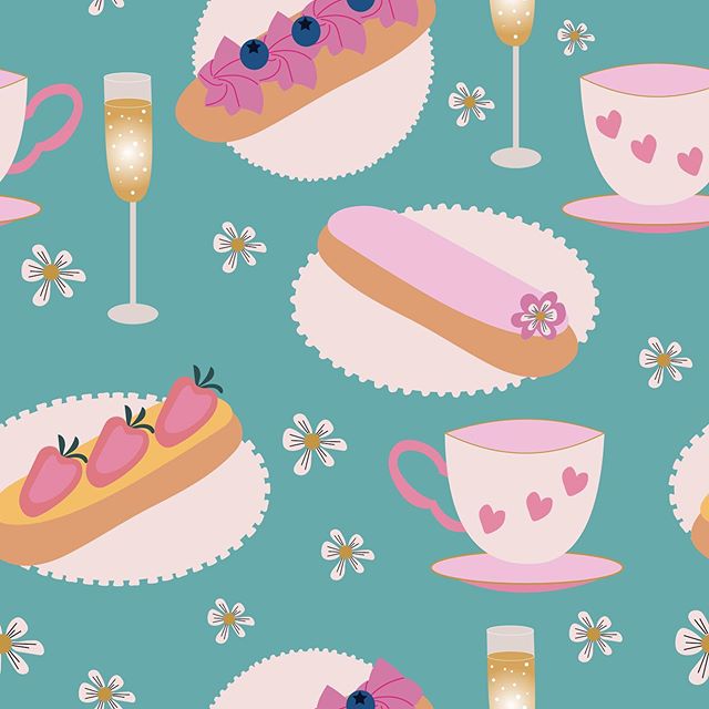 I love sweets, so creating a pattern full of delicious Belgium &eacute;clairs, champagne, and tea cups was really fun. #&eacute;clair #&eacute;clairs #eclairs #pastry #cake #dessert #gardenparty #pink #treat #yummy #strawberries #teaparty #champagne 