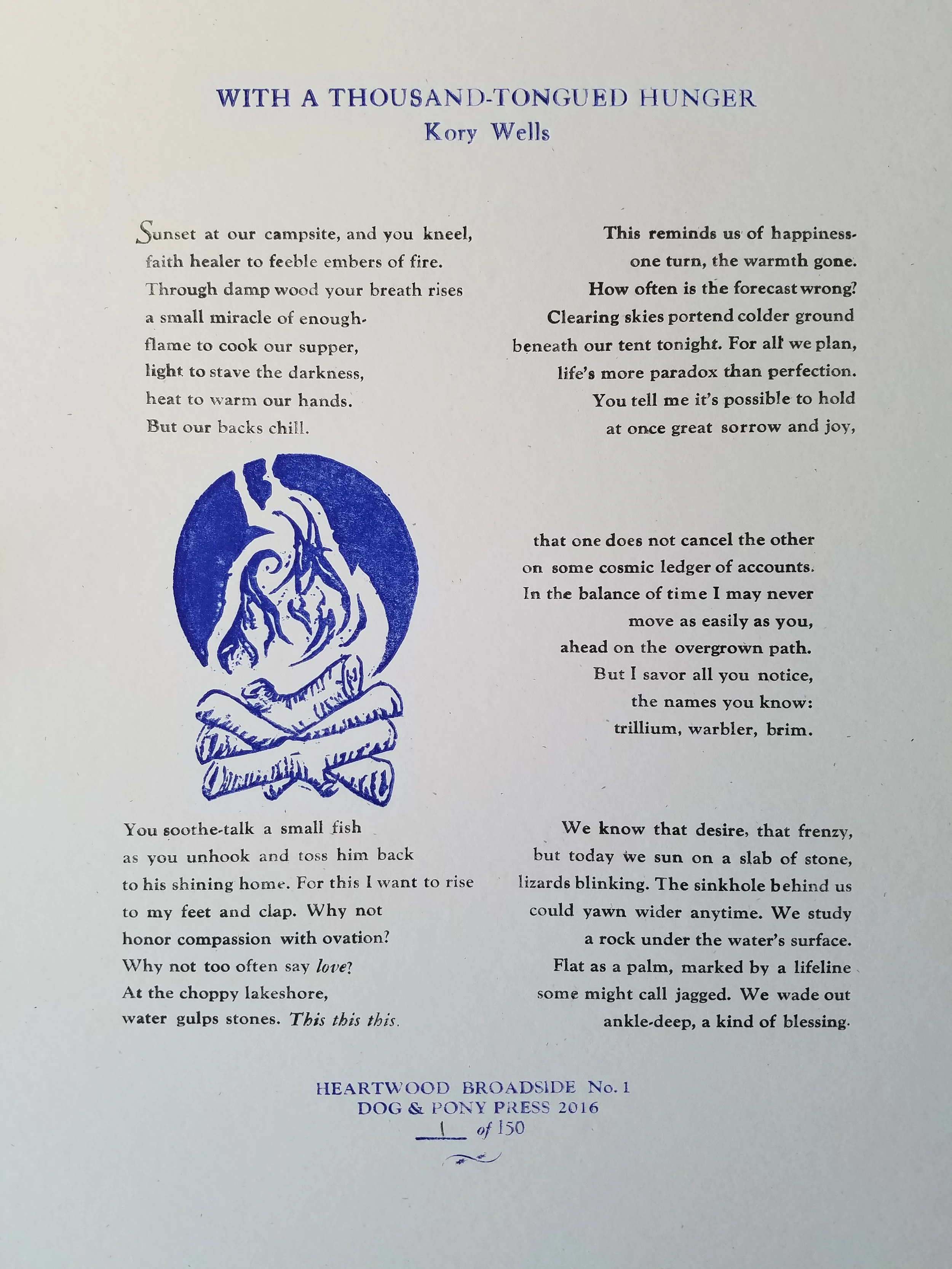 Broadside created by Diane Radford, of Dog & Pony Press. P aper is 8 1/2 by 11 French Paper Muscletone 140 lb. Speckletone Starch White. The body of the piece is set in Goudy 10 point and title is in Caslon, printed on a Chandler and Price Old Style treadle operated letterpress. 