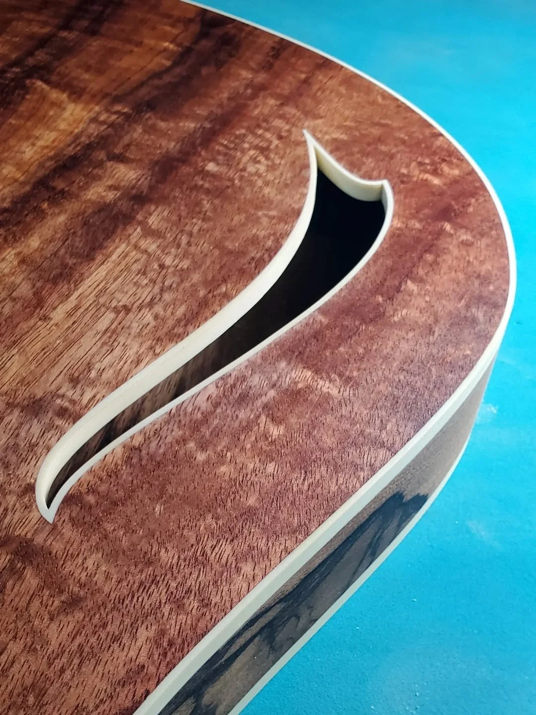 Koa, black limba and ivoroid. Looking good. Hey, is that f-hole 8% larger than usual?

Not for everyone
Just for you