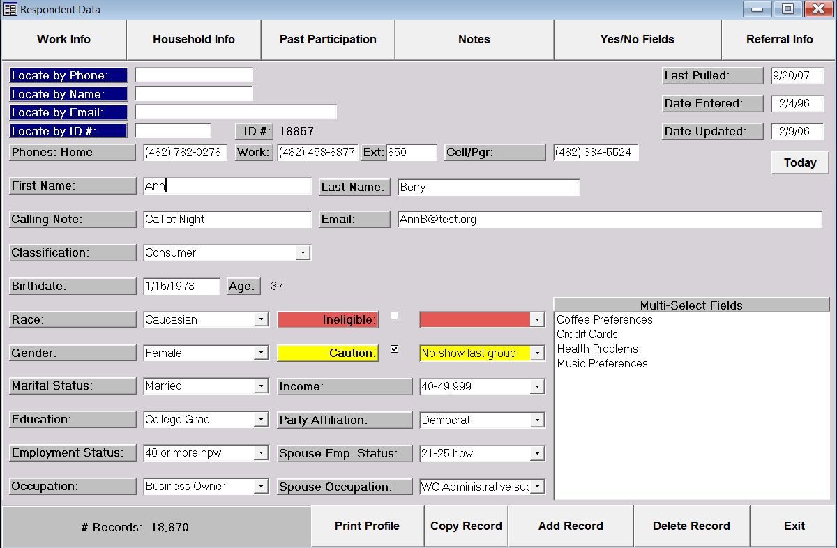Main Respondent Data Screen
