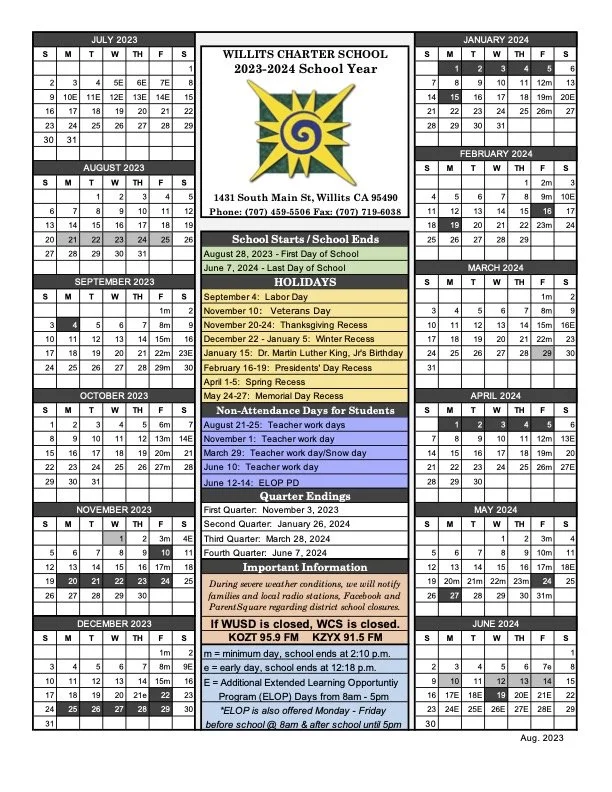 Calendar — Willits Charter School