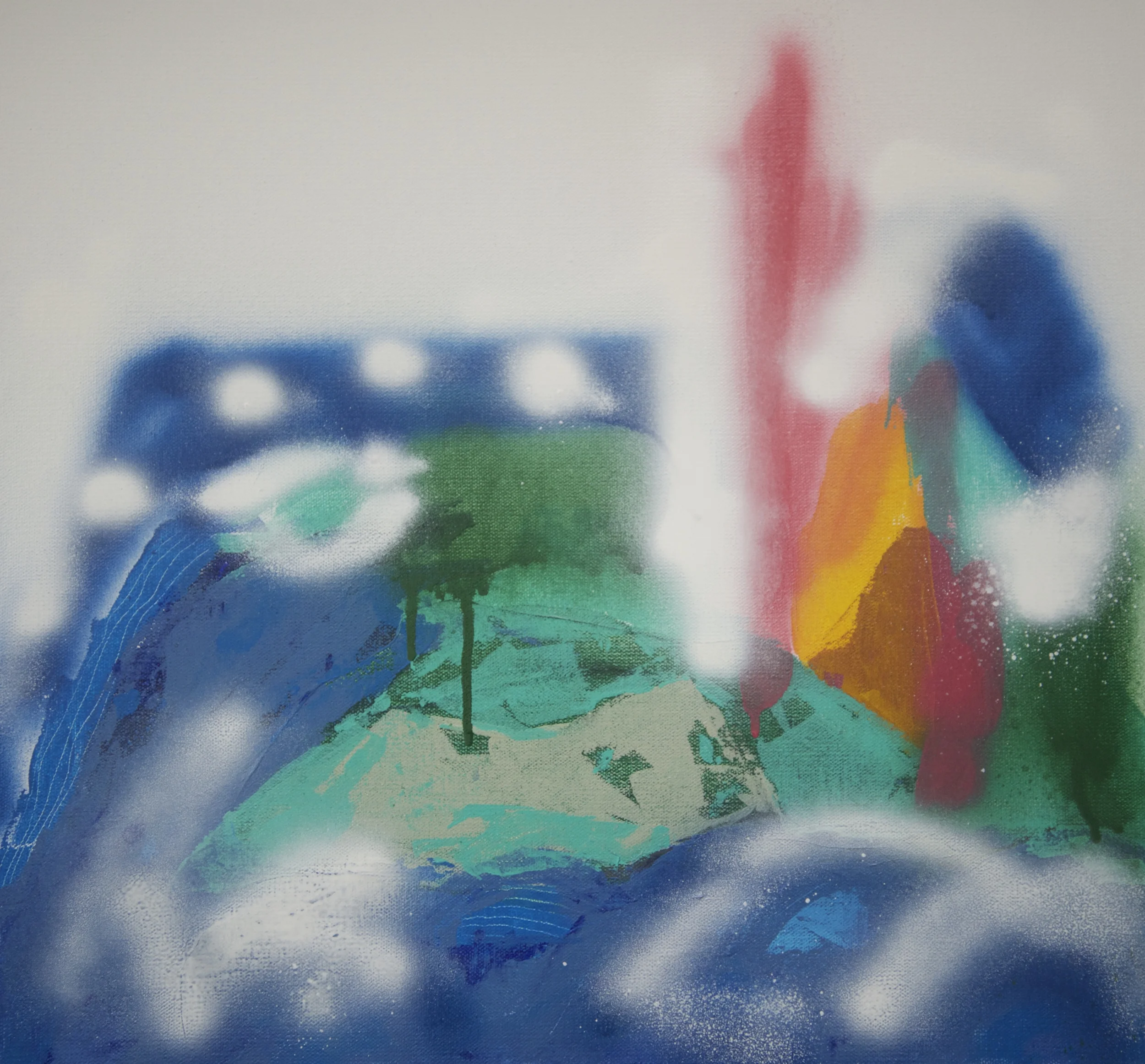 I added more green & blue paint, let it dry & then had fun with various shades of spray paint. I used white, dark green, pink & royal blue. At this point I really liked what direction the painting was headed.