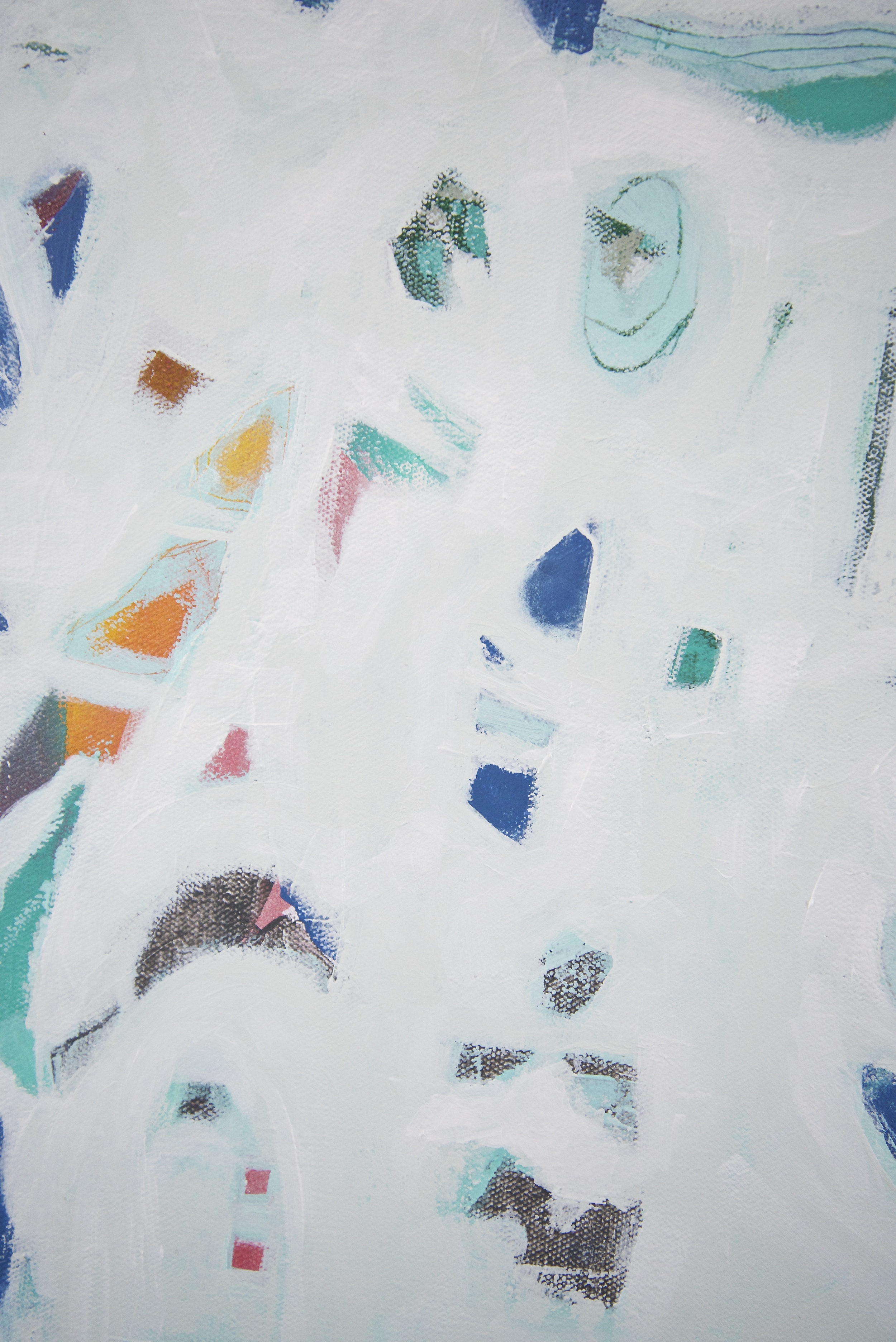 A detail of the finished piece. I love the bits of yellow that mixed with pink to make a lovely shade of orange. I have always been drawn to circles & squares, you will find some amongst the shapes in this painting.